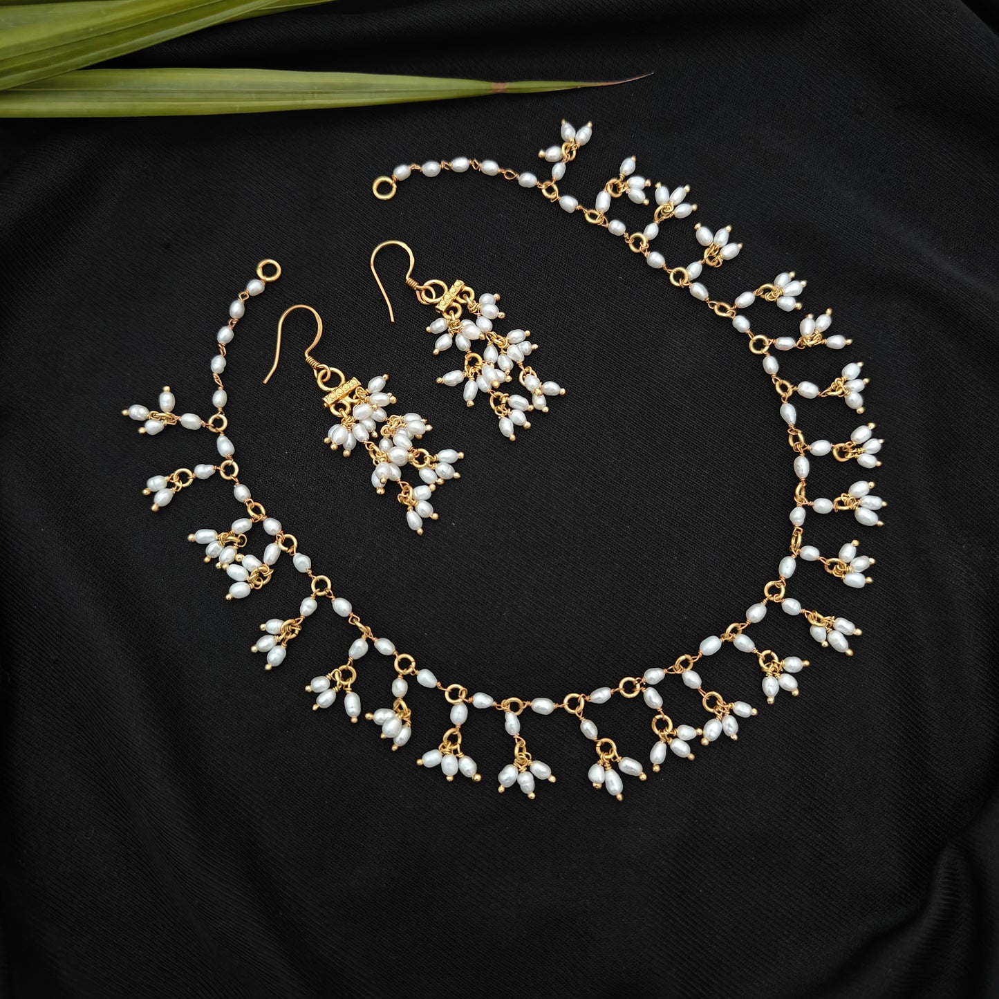 92.5 Silver with gold polish Rice pearls necklace with earrings-RCH1273