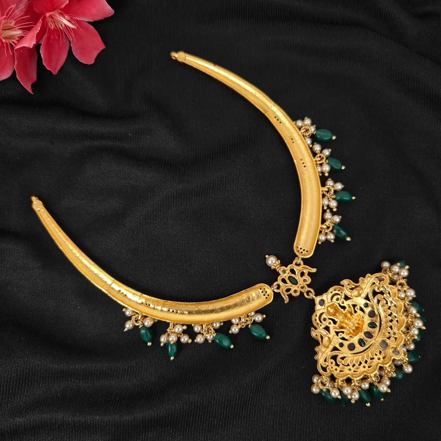 92.5 silver Lakshmi Devi design kante with green and pearls hangings-RCJR1154