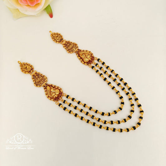 92.5 Silver 3 Lines Black Beads Chain With Side Peacock Desgin Pendants-RCJR1128