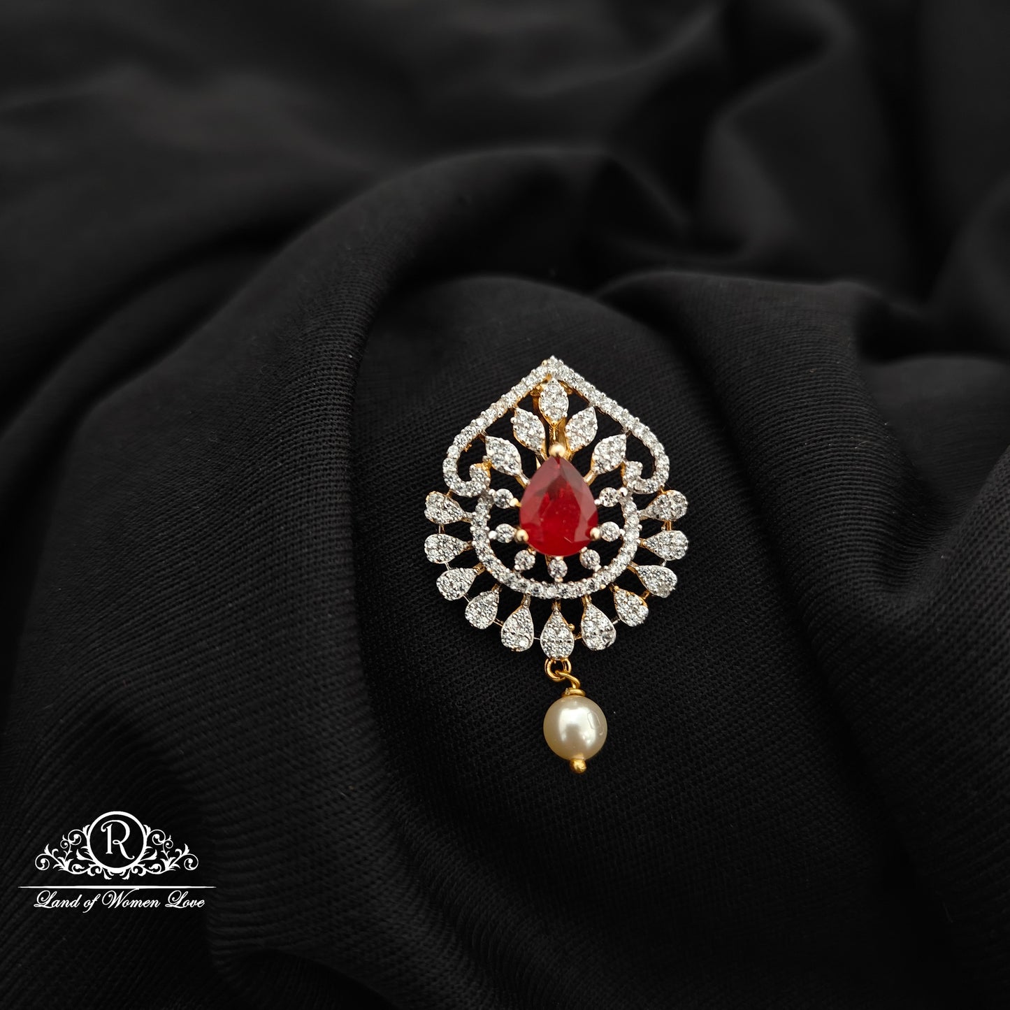 92.5 Silver Ruby stone diamond finishing flower design pendent with pearl drop -RCR197