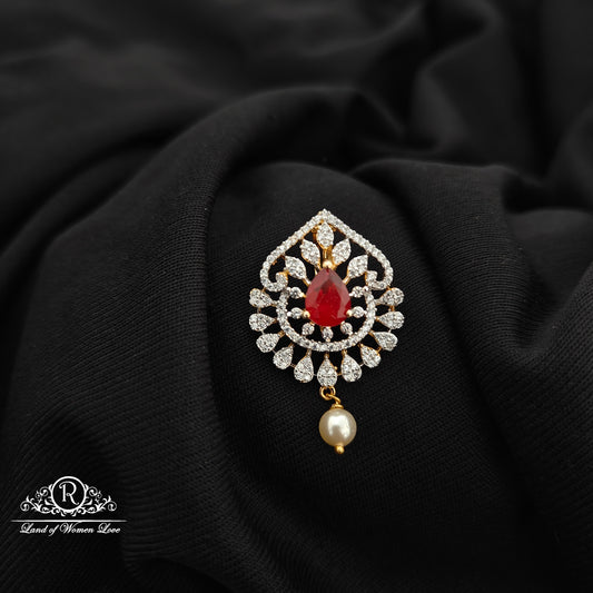 92.5 Silver Ruby stone diamond finishing flower design pendent with pearl drop -RCR197
