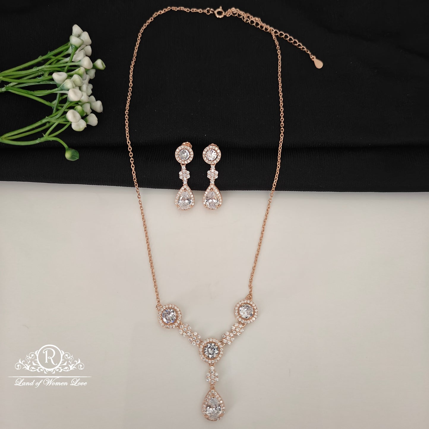 92.5 SILVER ROSE GOLD NECKLACE WITH EARRINGS-RCG361-1