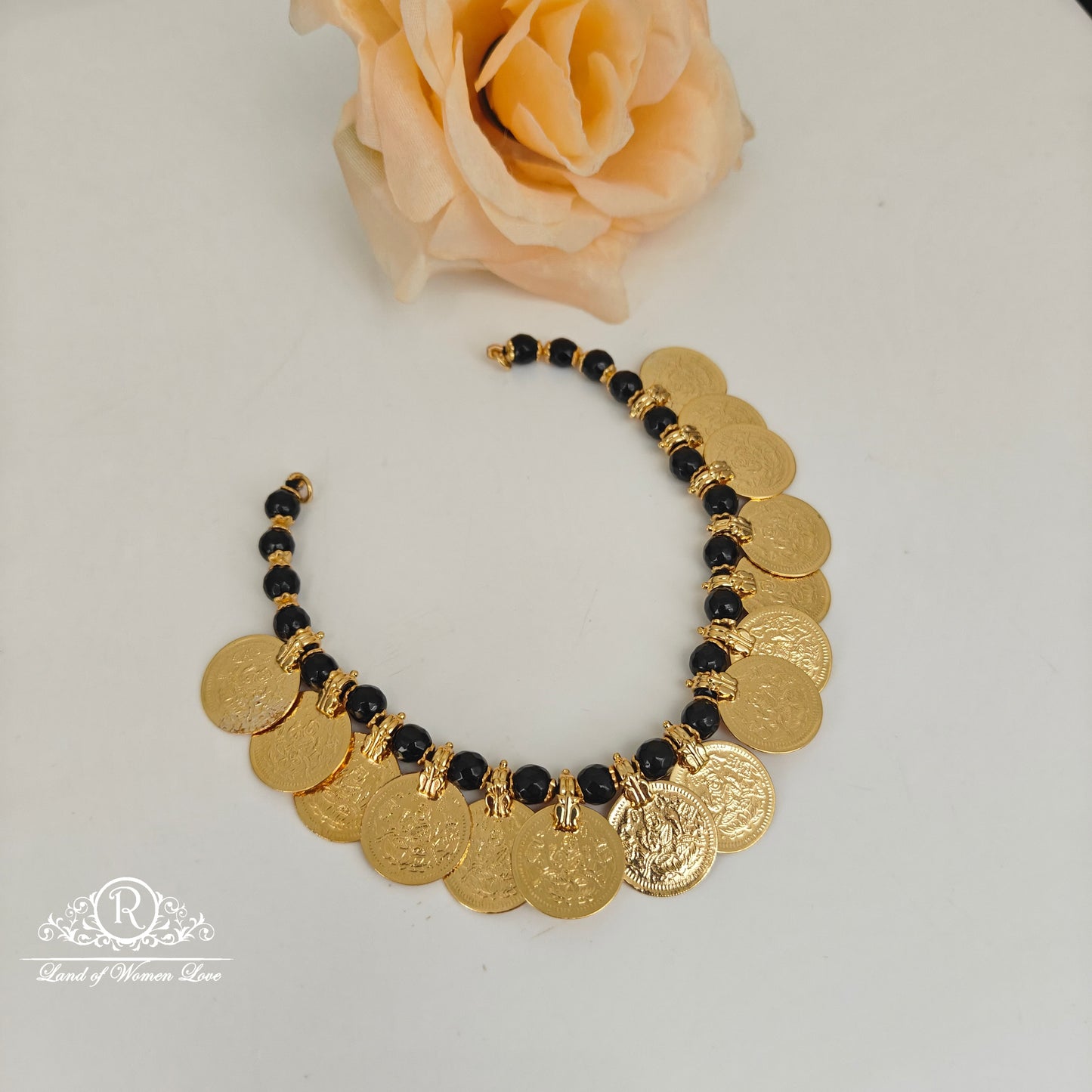 92.5 Silve Black beads Kasu necklace-RCH1204
