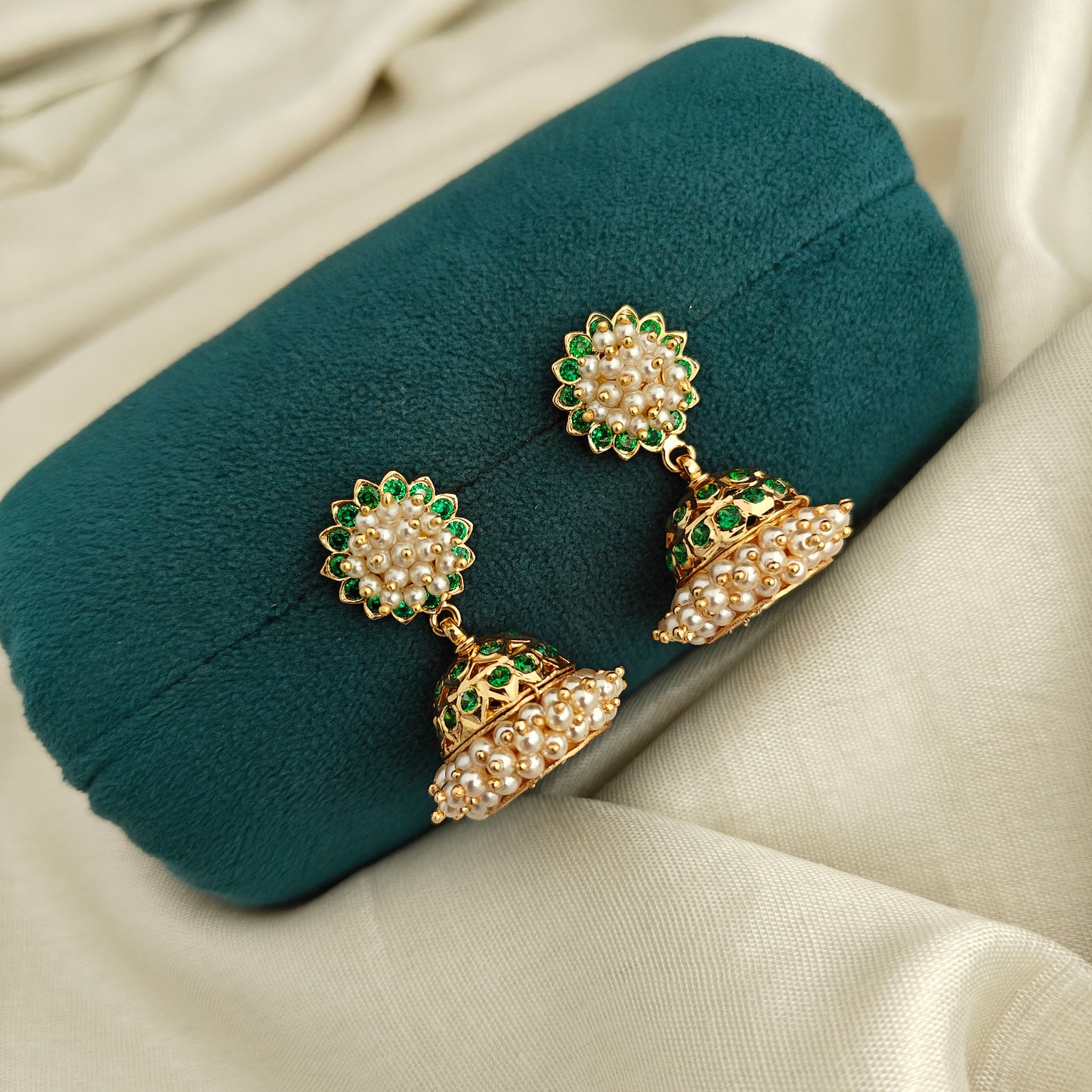 92.5 silver Earrings with hand made jewellery and green stones -RCK349