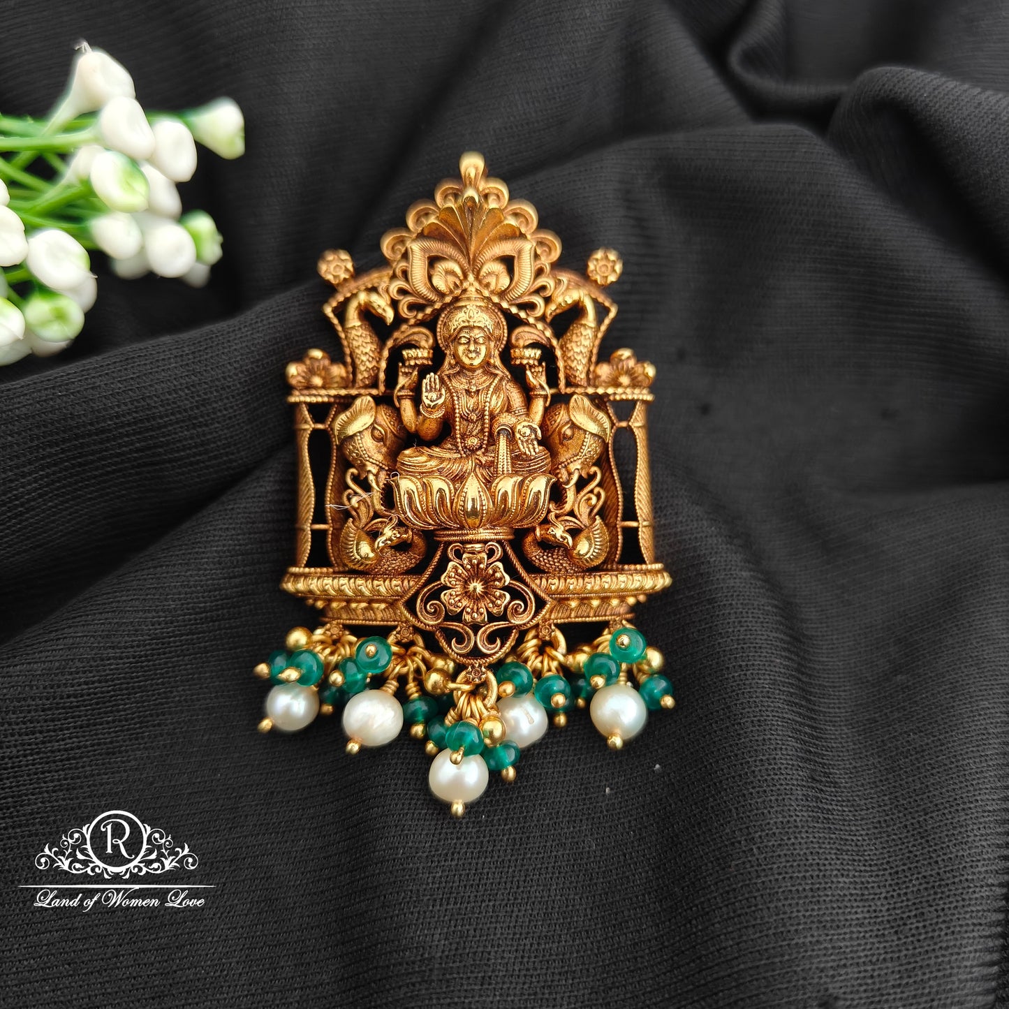 92.5 Silver lakshmidevi and peacock design pendent with beads hangings-RCR104-1