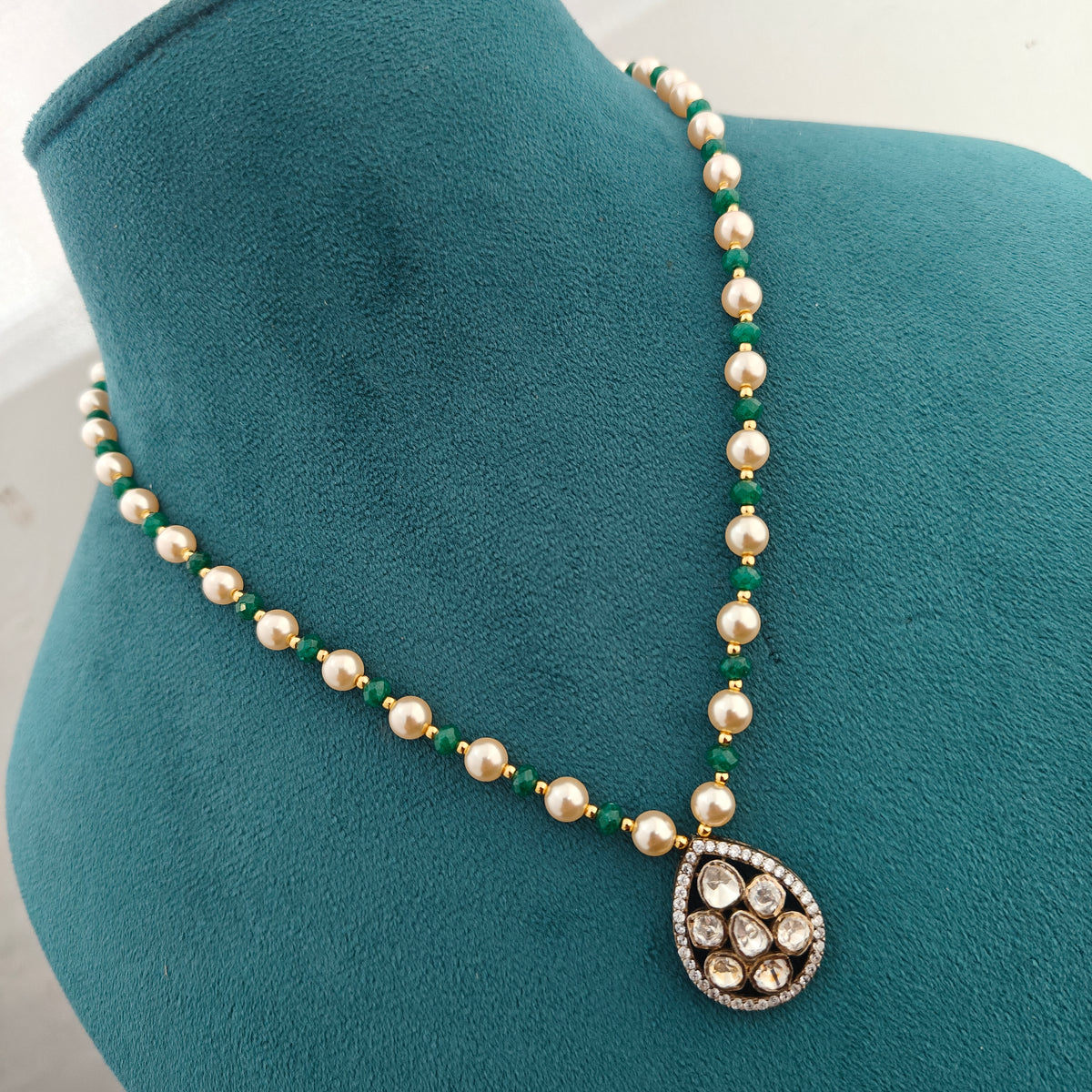 92.5 Silver with gold polish mossanite locket with pearls and emerald beads mala -RCH1368