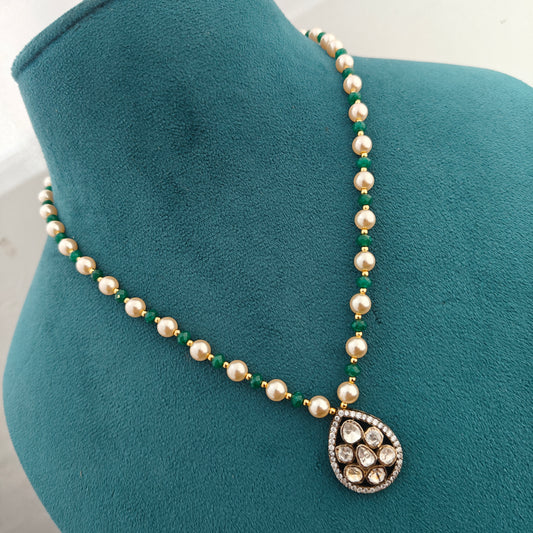 92.5 Silver with gold polish mossanite locket with pearls and emerald beads mala -RCH1368