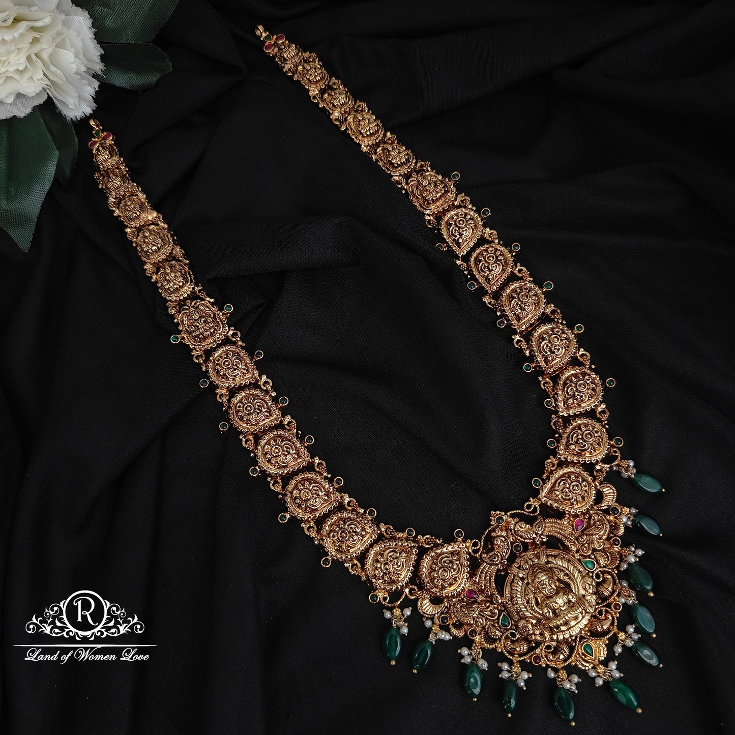 92.5 SILVER LAKSHMI DEVI HARAM WITH GREEN BEADS HANGING-RCHD011