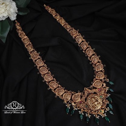 92.5 SILVER LAKSHMI DEVI HARAM WITH GREEN BEADS HANGING-RCHD011