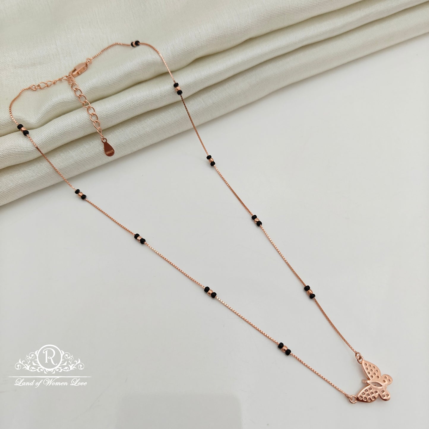 92.5 Silver Rose Gold Polish  Black Beads Chain-RCSS001