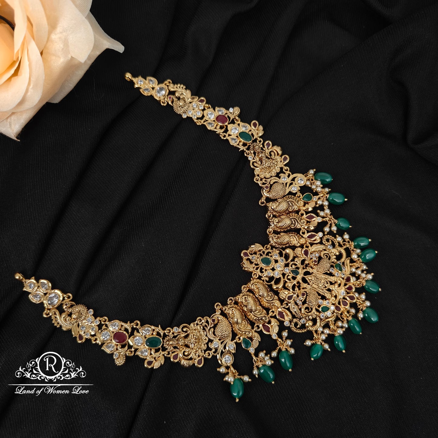 92.5 silver Venkateshwara swamy with peacock design necklace with green beads hangings-RCMB044