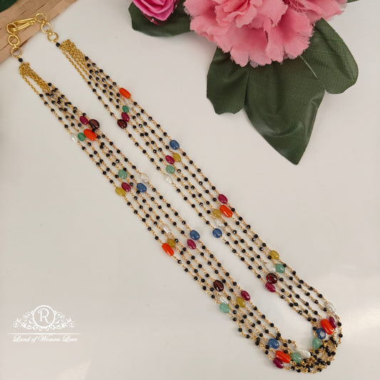 92.5-SILVER NAVARATNA BLACK BEADS CHAIN-RCNJ054