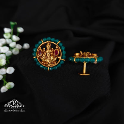 92.5 SILVER GREEN BEADS WITH LAKSHMI DEVI ROUND STUDS-RCJR1091