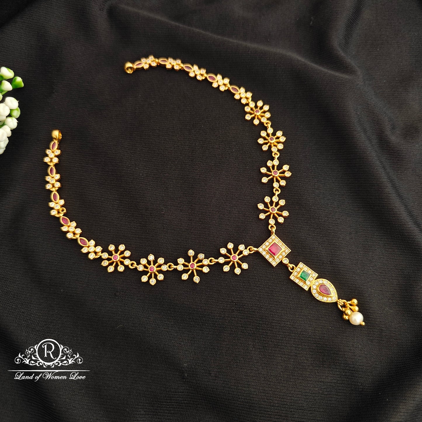 92.5 silver necklace with ruby and green stones -RCR137