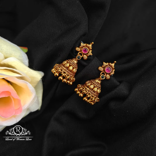 92.5 silver ruby stone earrings with nakshi finishing and gold balls hangings-RCP237