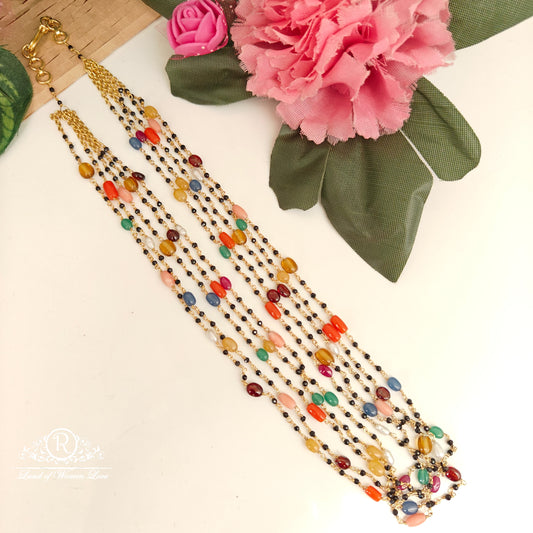 92.5-SILVER NAVARATNA BLACK BEADS CHAIN-RCNJ056