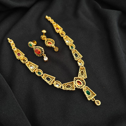 92.5 silver pachi work navaratna design necklace with earrings set -RCMB059