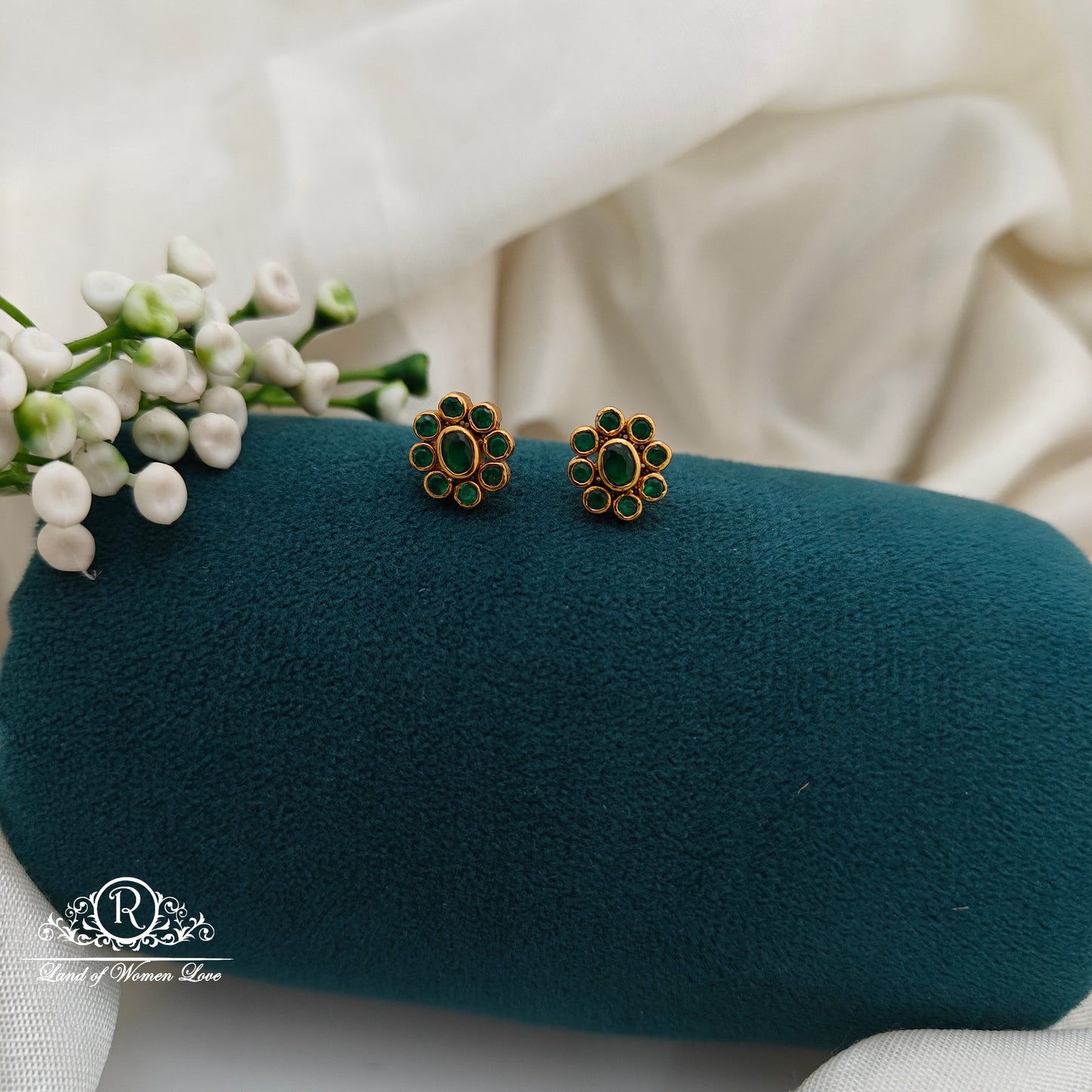 92.5 Silver Small Green Stone  Earrings-RCR028