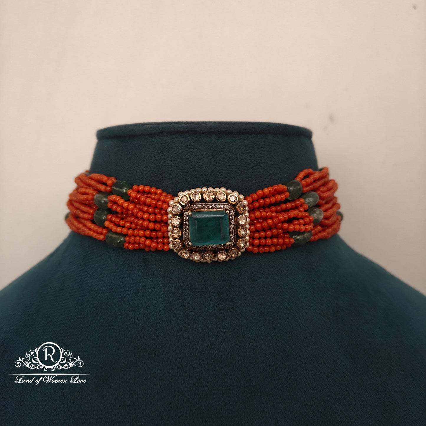 92.5 silver coral beads chocker with mossinate locket -RCH1233