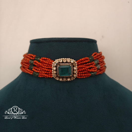 92.5 silver coral beads chocker with mossinate locket -RCH1233