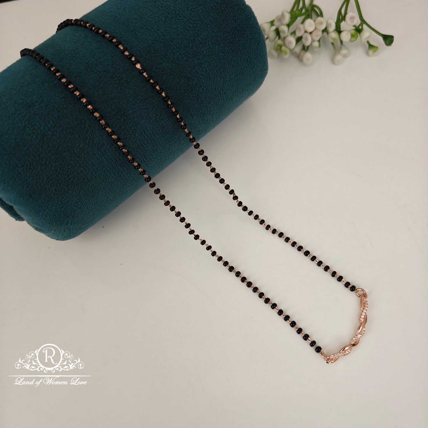 92.5 SILVER ROSE GOLD POLISH BLACK BEADS CHAIN-RCRB43