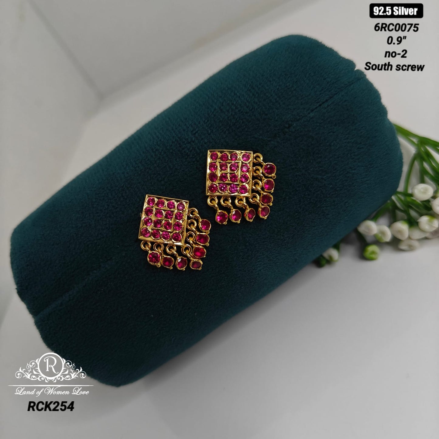 92.5 silver square design hand made and ruby stones earrings -RCK254