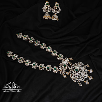 92.5 SILVER DIAMOND FINISHING HARAM WITH EARRINGS-RCHD107