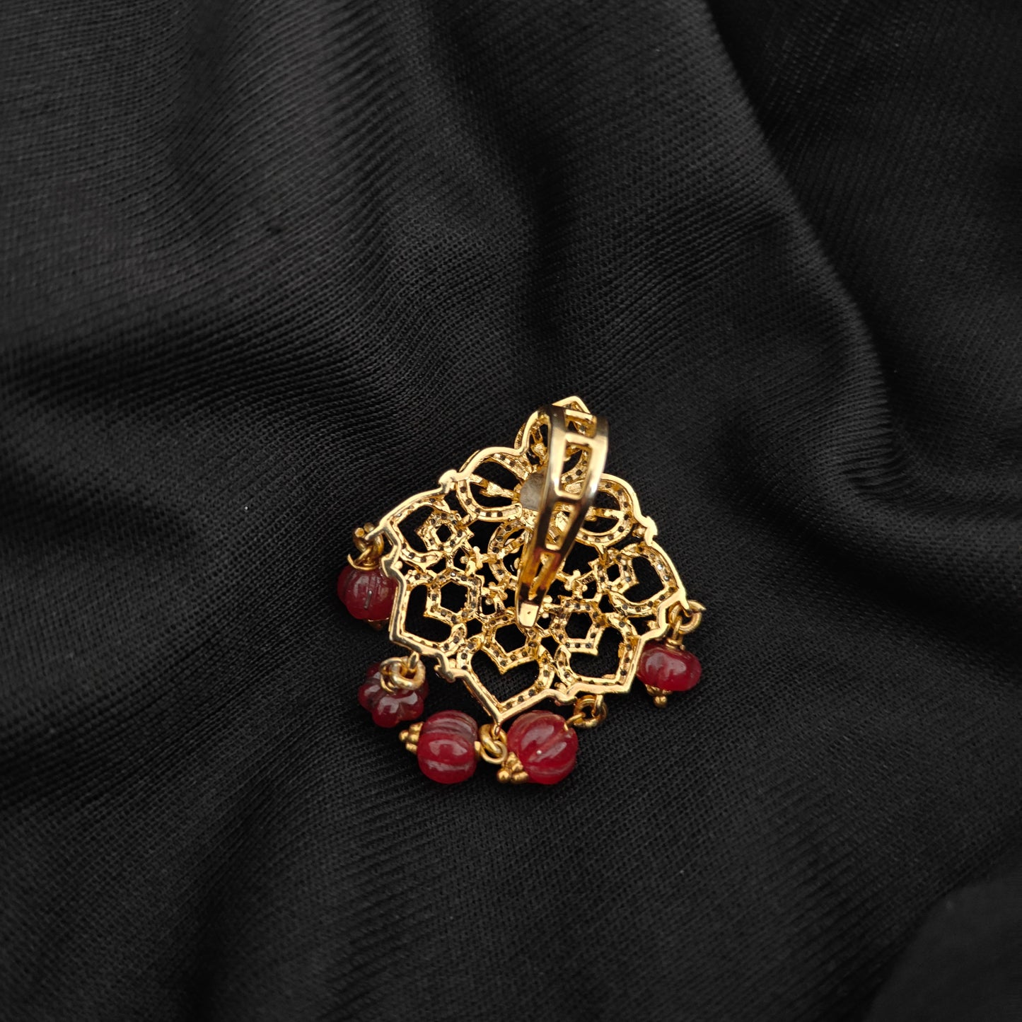 92.5 Silver diamond finishing pendent with ruby stone and beads hangings -RCR112