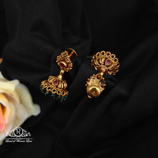 92.5 silver ruby stone earrings with nakshi finishing and green beads hangings-RCP238