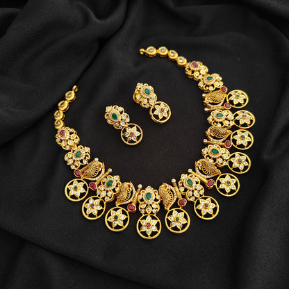 92.5 silver pachi work peacock design necklace with earrings set-RCMB056