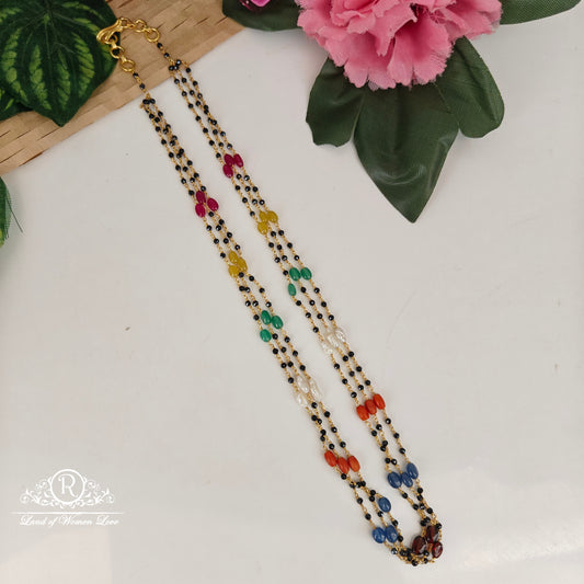 92.5-SILVER NAVARATNA BLACK BEADS CHAIN-RCNJ049