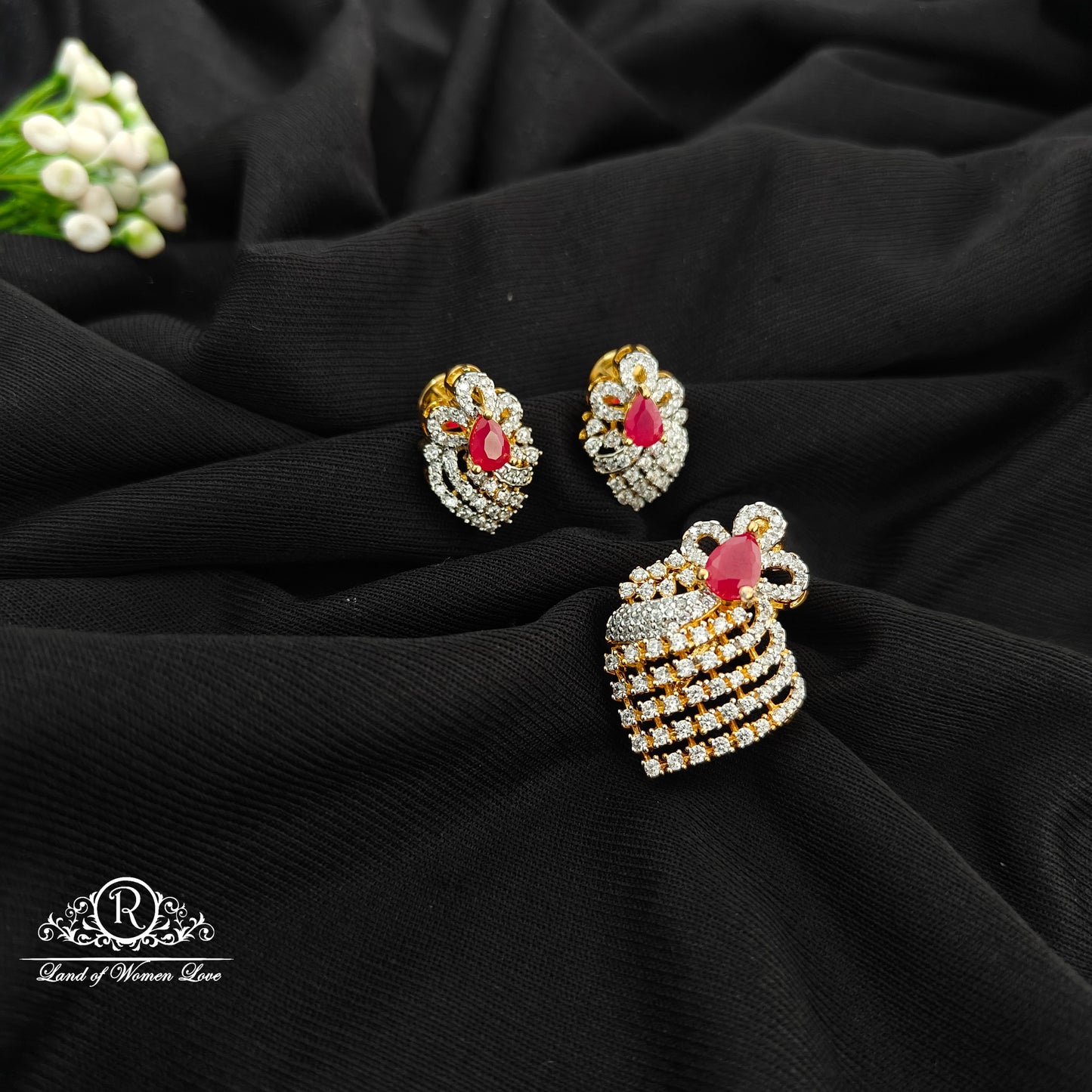 92.5 Silver diamond finishing pendent with earrings-RCM1599