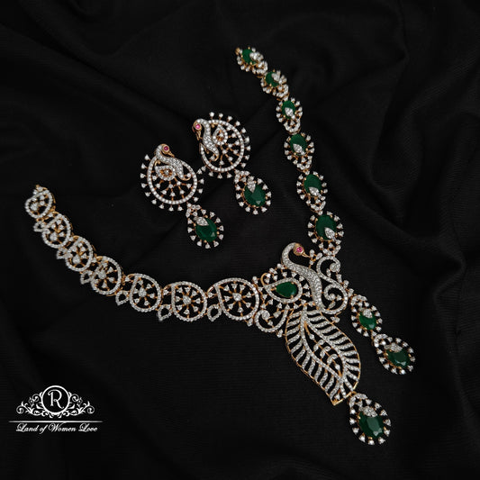 92.5-SILVER DIAMOND FINISHING NECKLACE WITH EARRINGS-RCZ1088