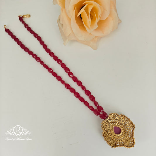 92.5 Silver White stone locket with ruby beads chain-RCH1203