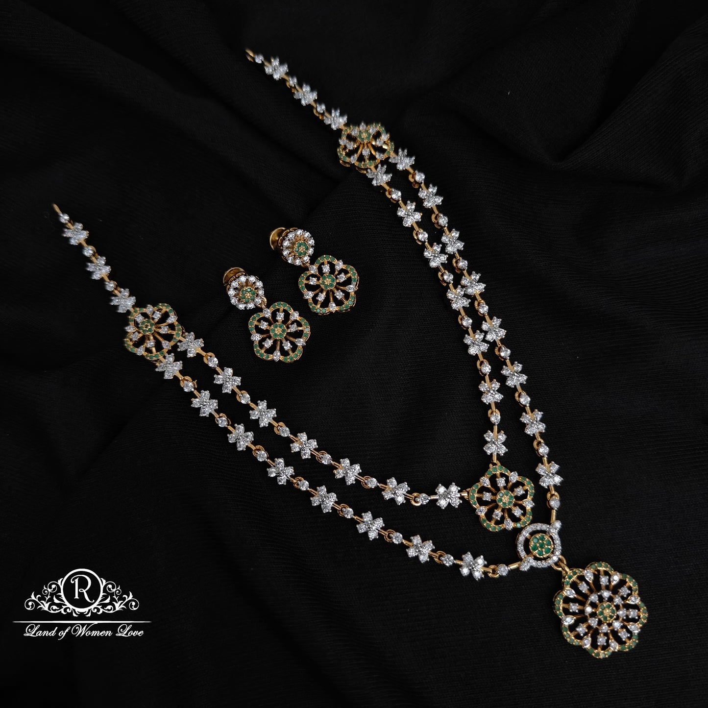 92.5-SILVER DIAMOND FINISHING NECKLACE WITH EARRINGS-RCZ1091