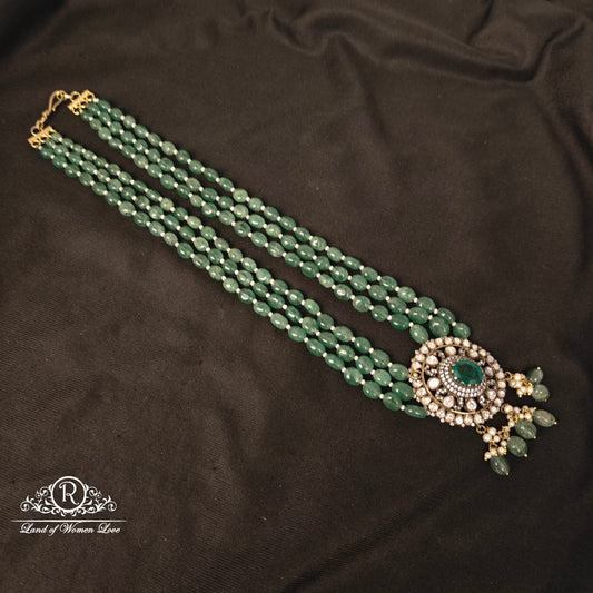 92.5 silver victorian pendent with green beads mala-RCH1036