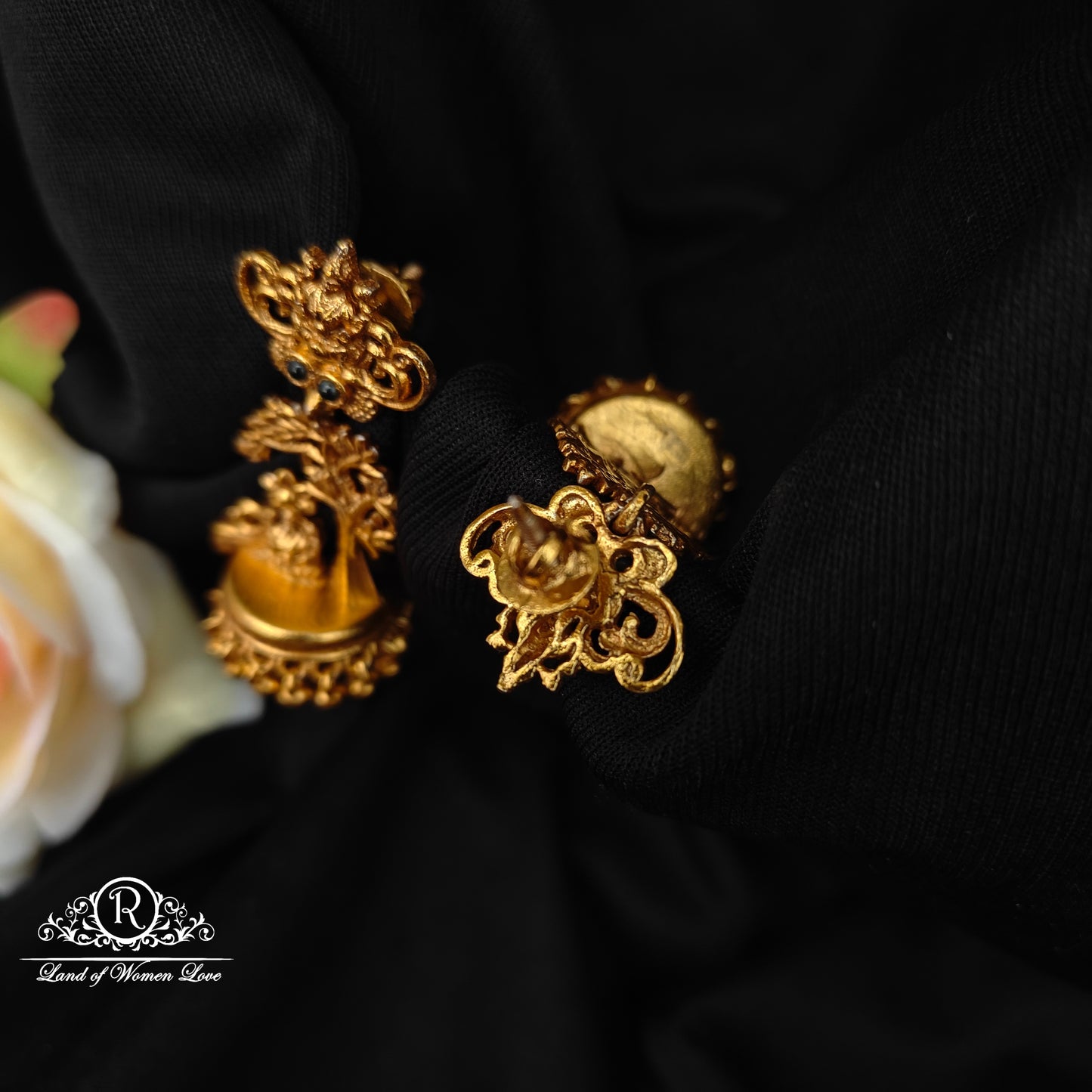 92.5 silver Lakshmi Devi design earrings with  nakshi finishing and gold balls hangings-RCP234