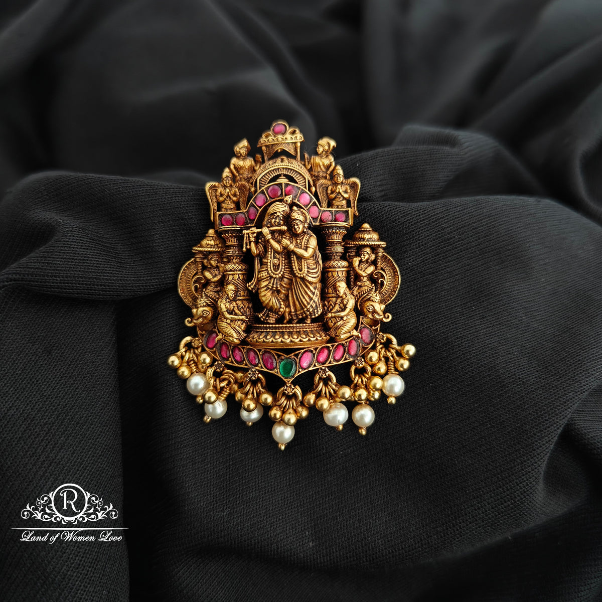 92.5 Silver Radhakrishna design pendent  with beads hangings-RCR189