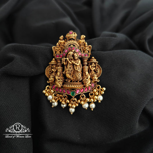 92.5 Silver Radhakrishna design pendent  with beads hangings-RCR189