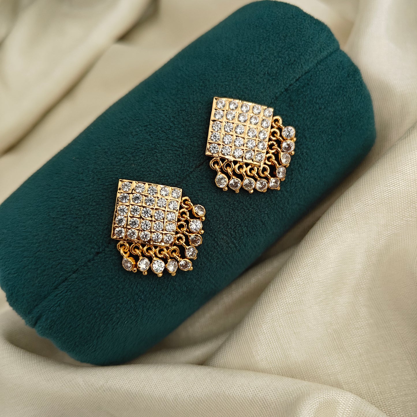 92.5 silver square design hand made jewellery with white stones earrings-RCK346