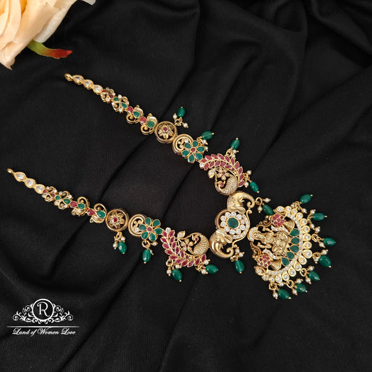 92.5 silver Lakshmi Devi with peacock design necklace with green beads hangings-RCMB042