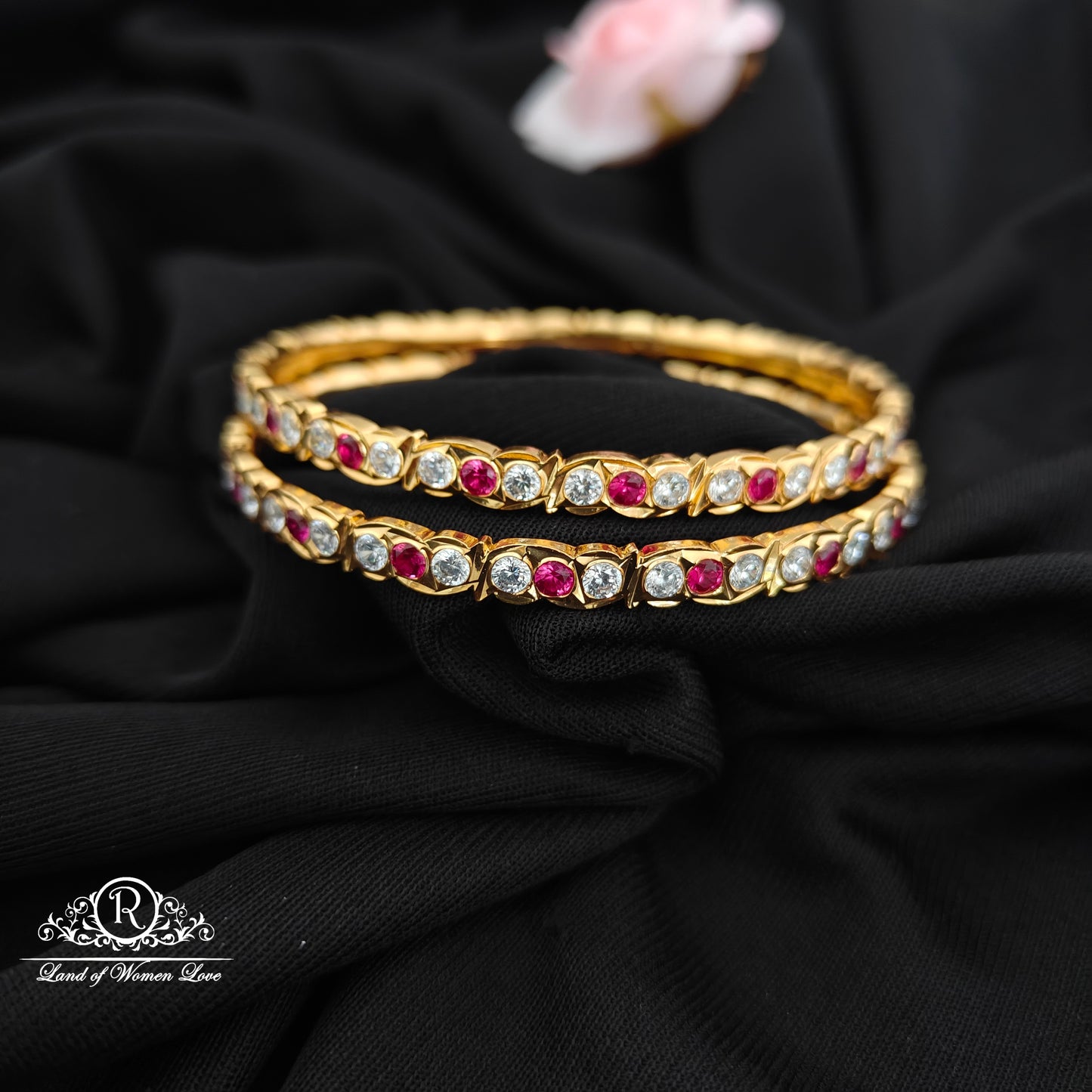 92.5 Silver vintage handmade bangles with pink and white stones -RCR118