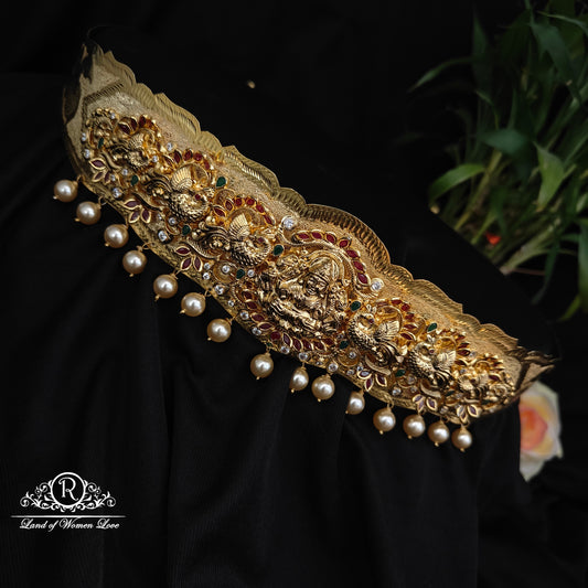 92.5 silver Lakshmi Devi with peacock design with pearls hangings vaddanam-RCMB054