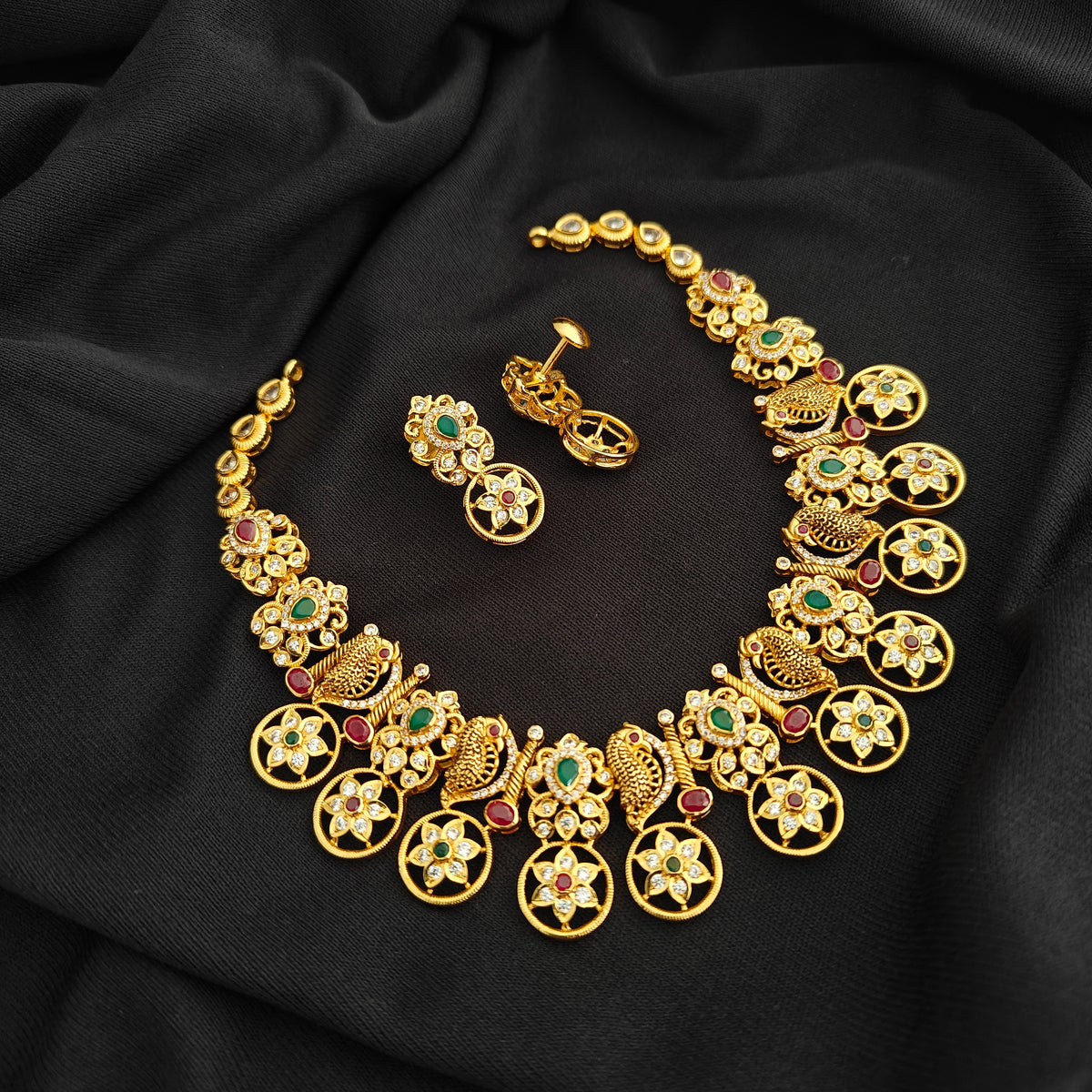 92.5 silver pachi work peacock design necklace with earrings set-RCMB056