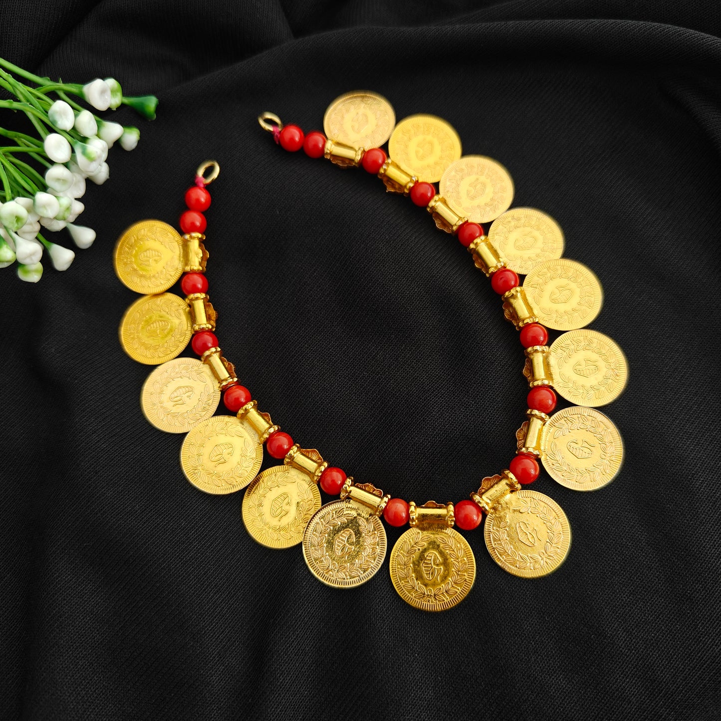 92.5 silver Lakshmi design kasu beads mala with corals -RCH1326