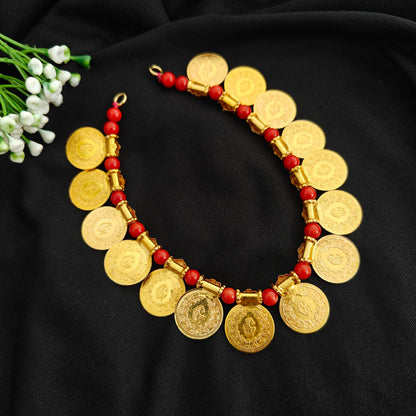 92.5 silver Lakshmi design kasu beads mala with corals -RCH1326