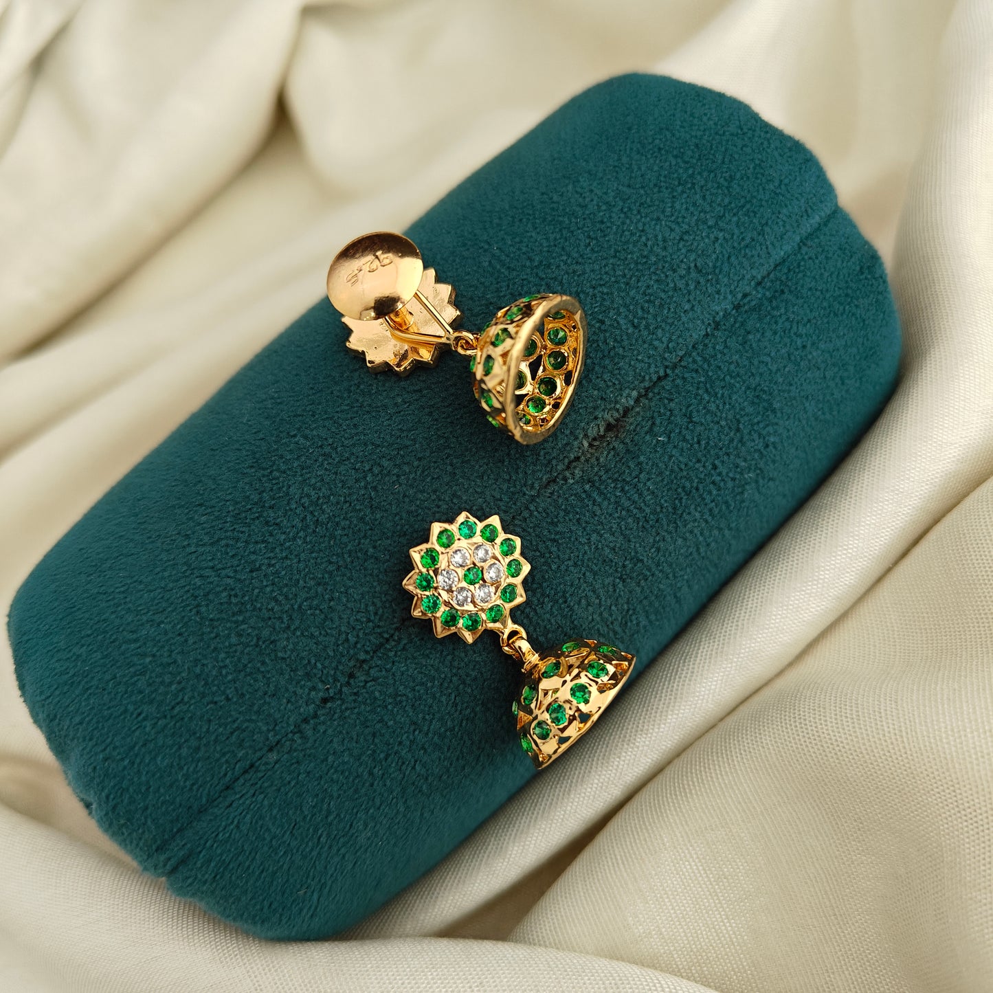 92.5 silver Earrings with hand made jewellery and green stones -RCK348