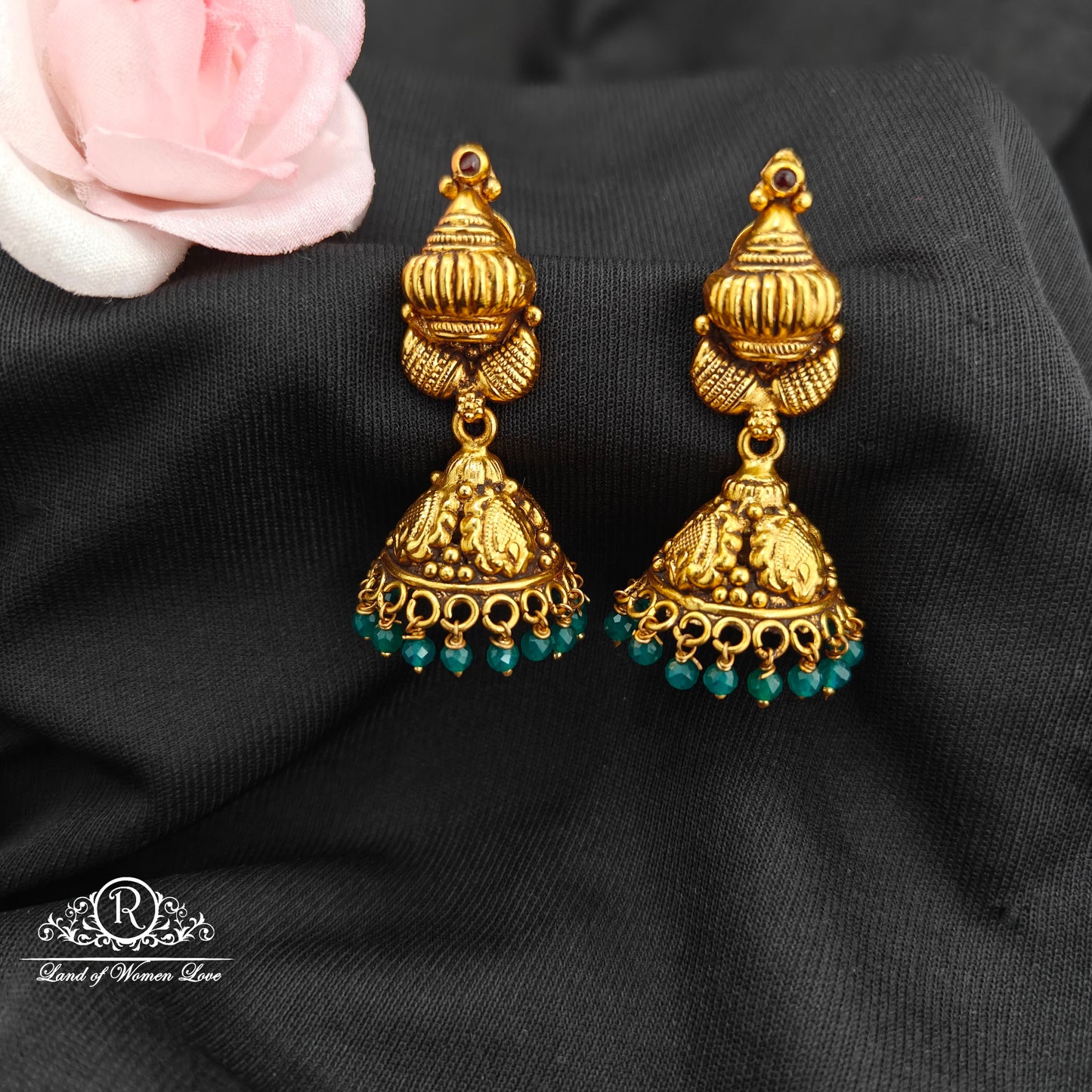 92.5 Silver jumkas with green beads hanging-RCM1608