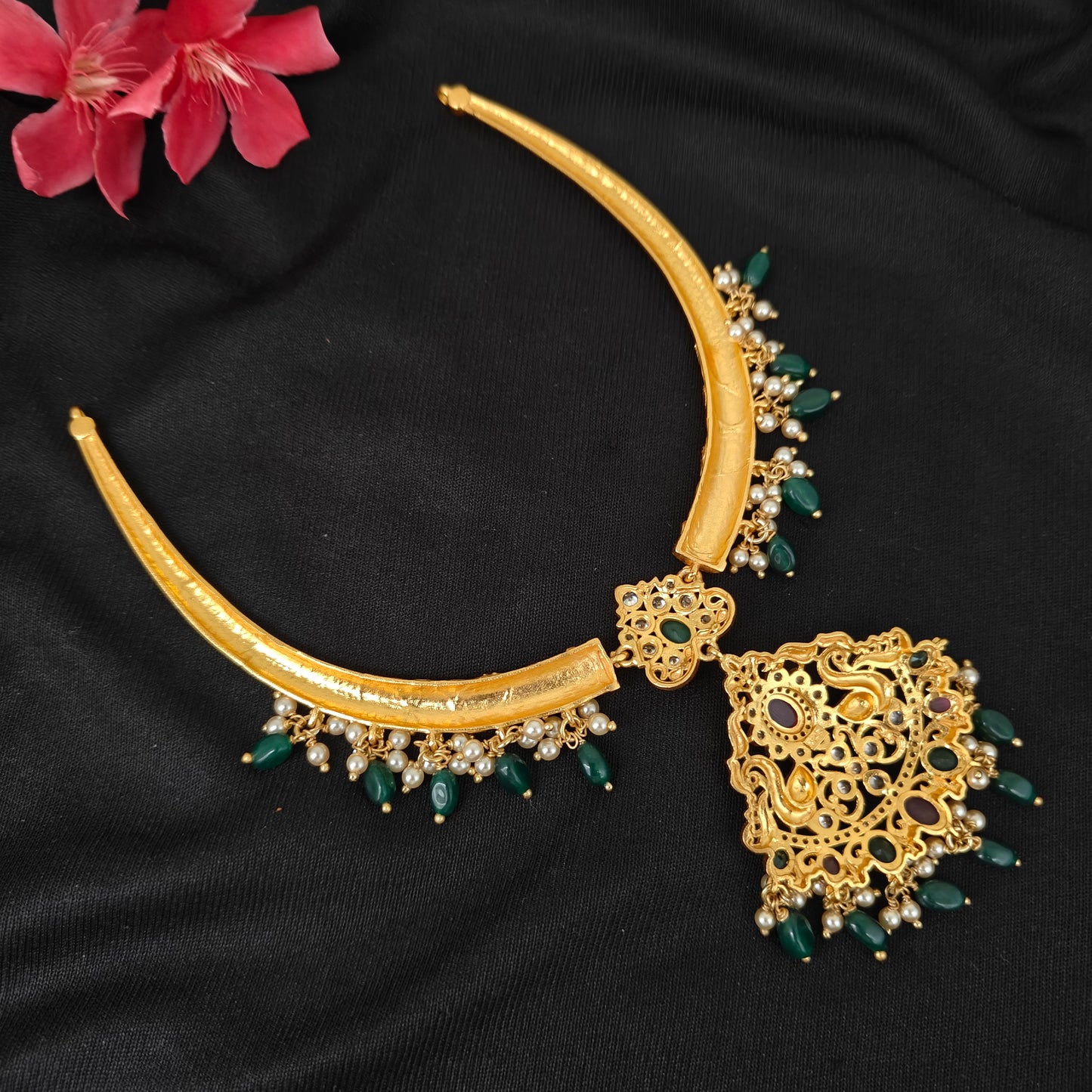 92.5 silver flower design kante with and green beads and pearls hangings-RCJR1156