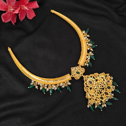 92.5 silver flower design kante with and green beads and pearls hangings-RCJR1156